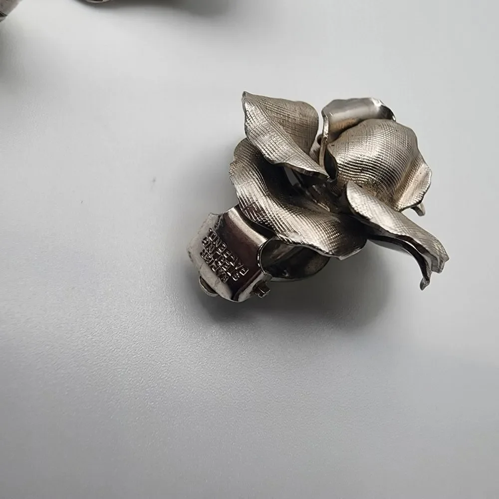Vintage Napier Sterling Silver Flower Brooch & Clip-On Earrings Set